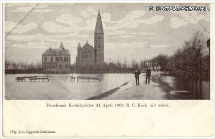 Kethel, Doorbraak Kethelpolder 24 April 1903. R.C. Kerk in 't water